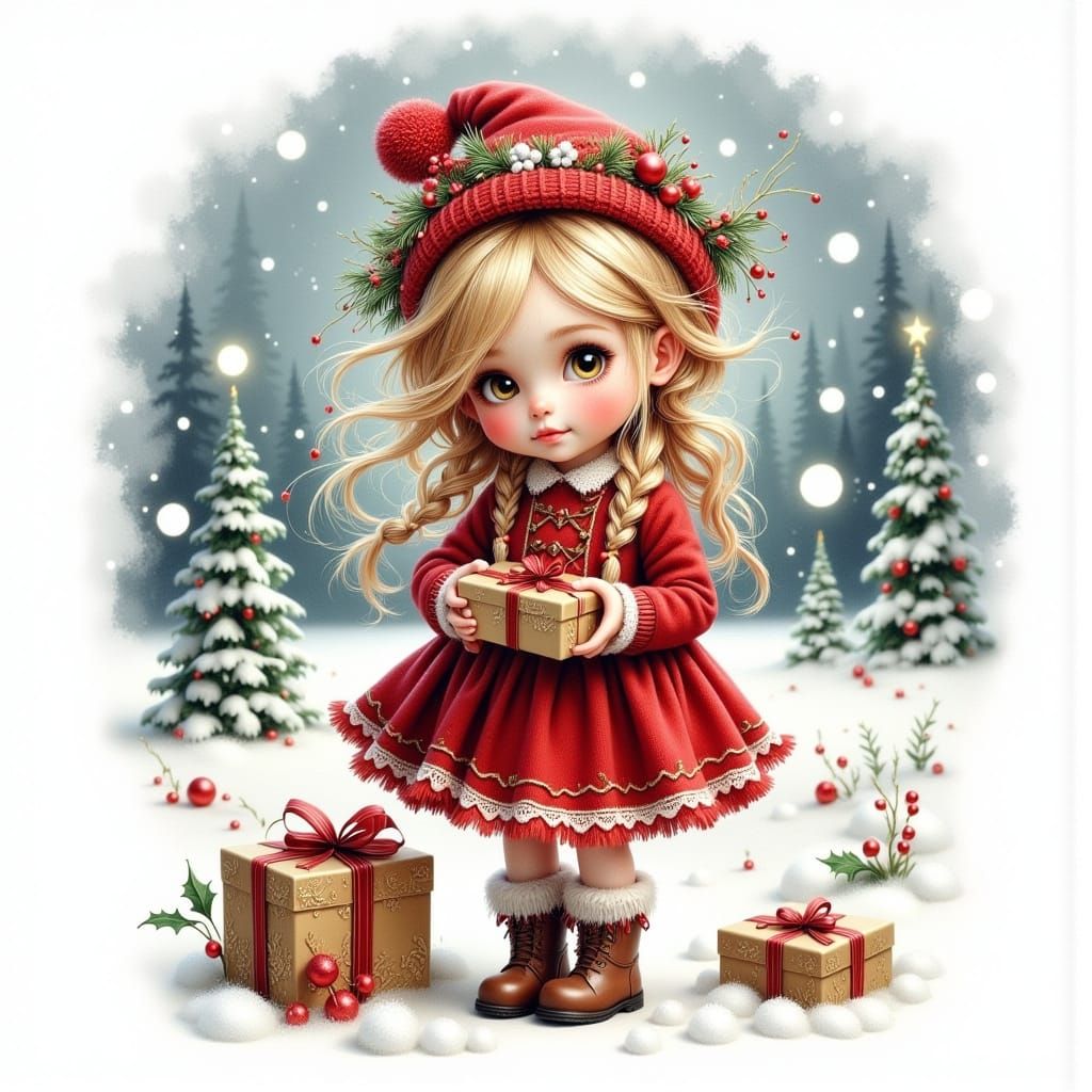 Whimsical Watercolor of a Girl in a Snowy Wonderland