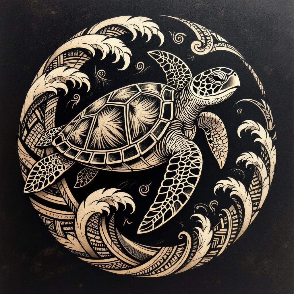 Polynesian Sea Turtle Tattoo Design in Black Ink