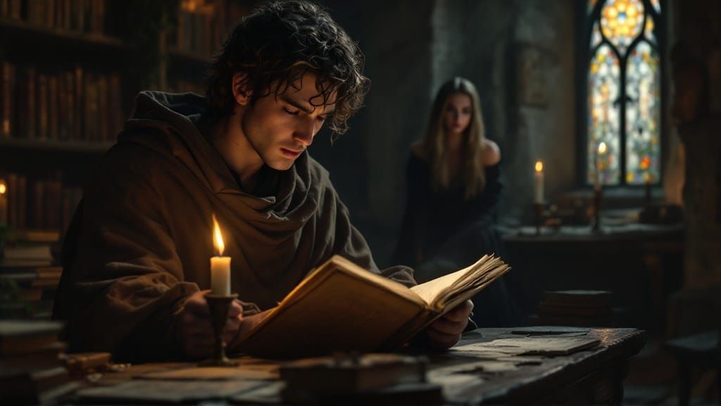 Medieval Scholar Reading by Candlelight in Chiaroscuro Style