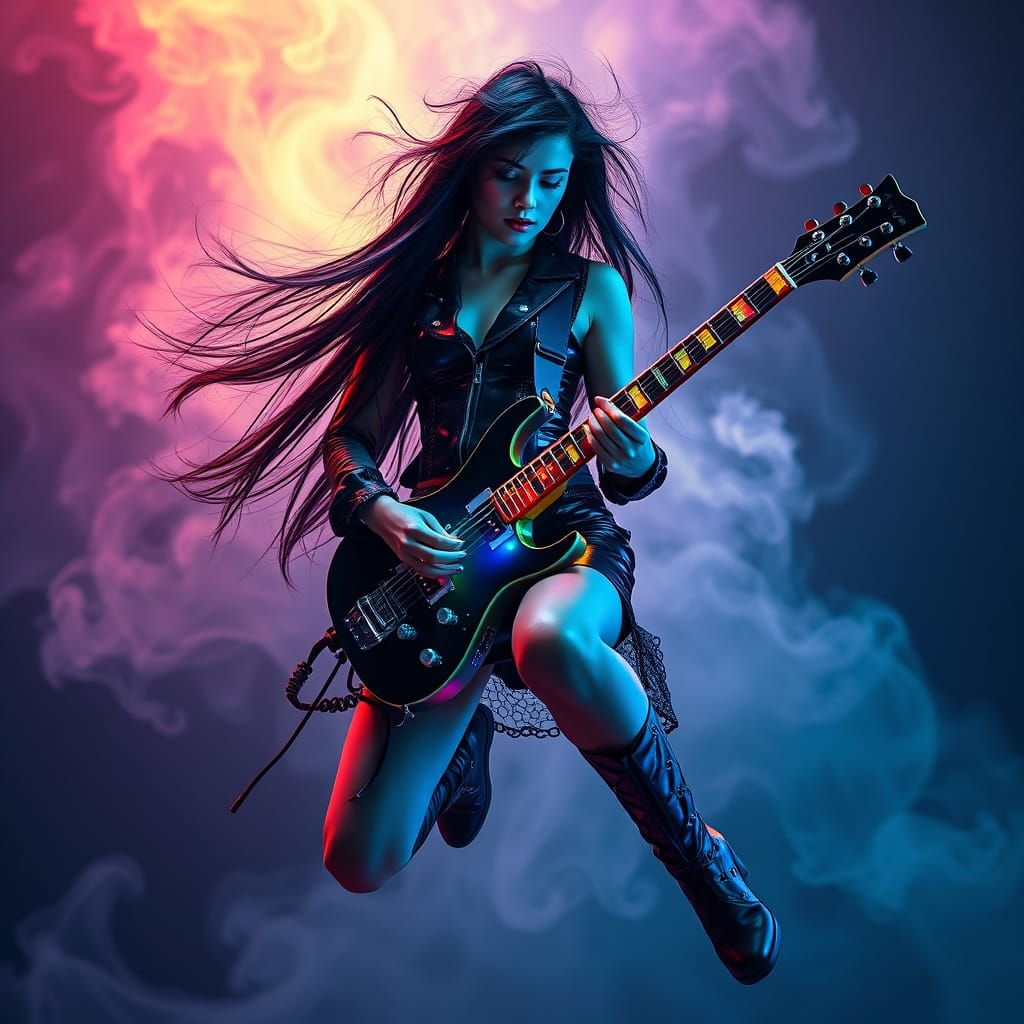 Cyberpunk Guitarist in Mid-Air Jump