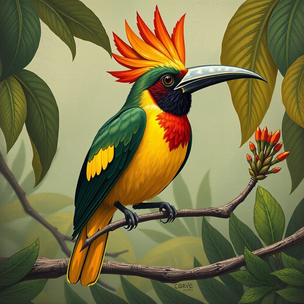 Golden Tropical Bird in Abstract Background