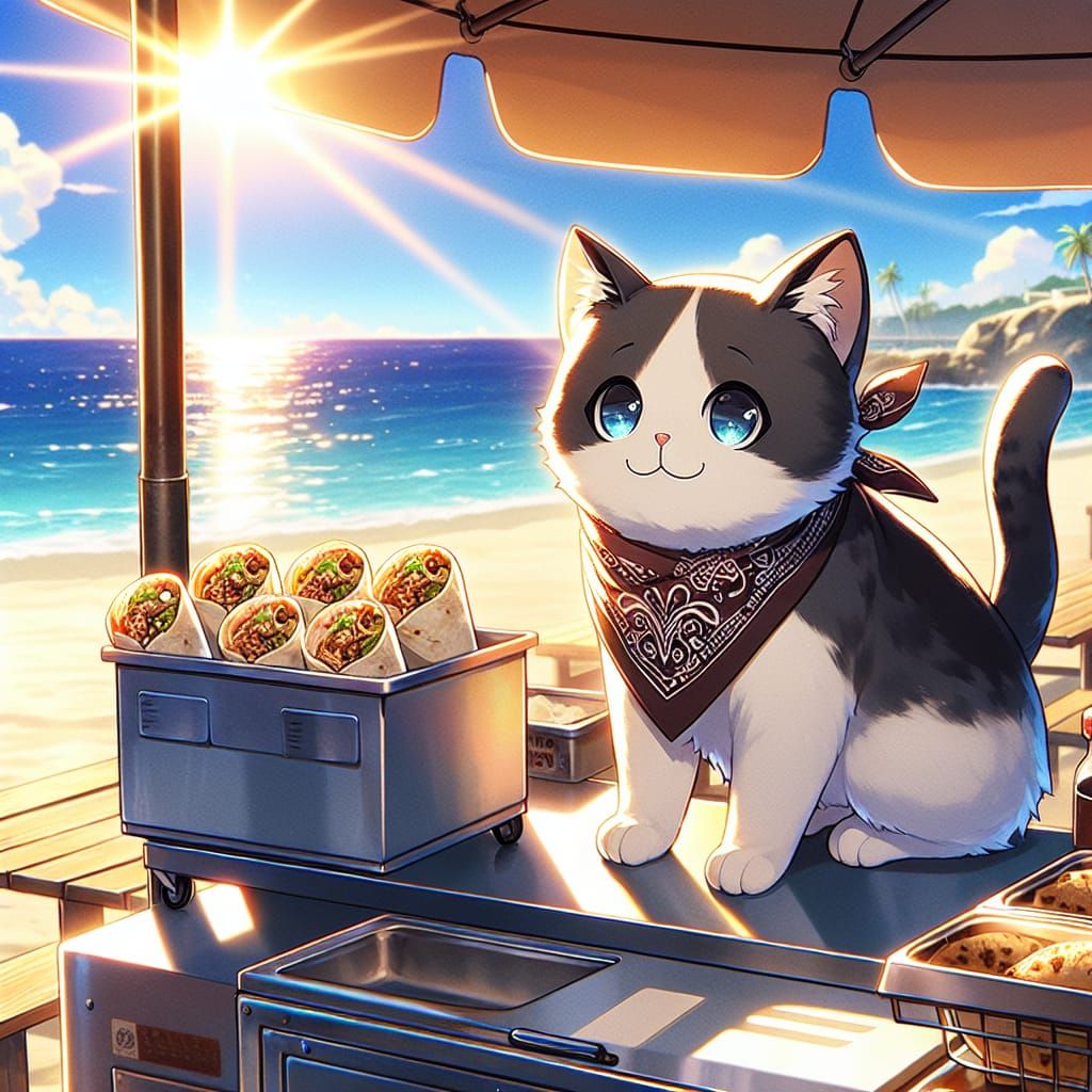 Anime Cat Burrito Stand on Sunny Beach