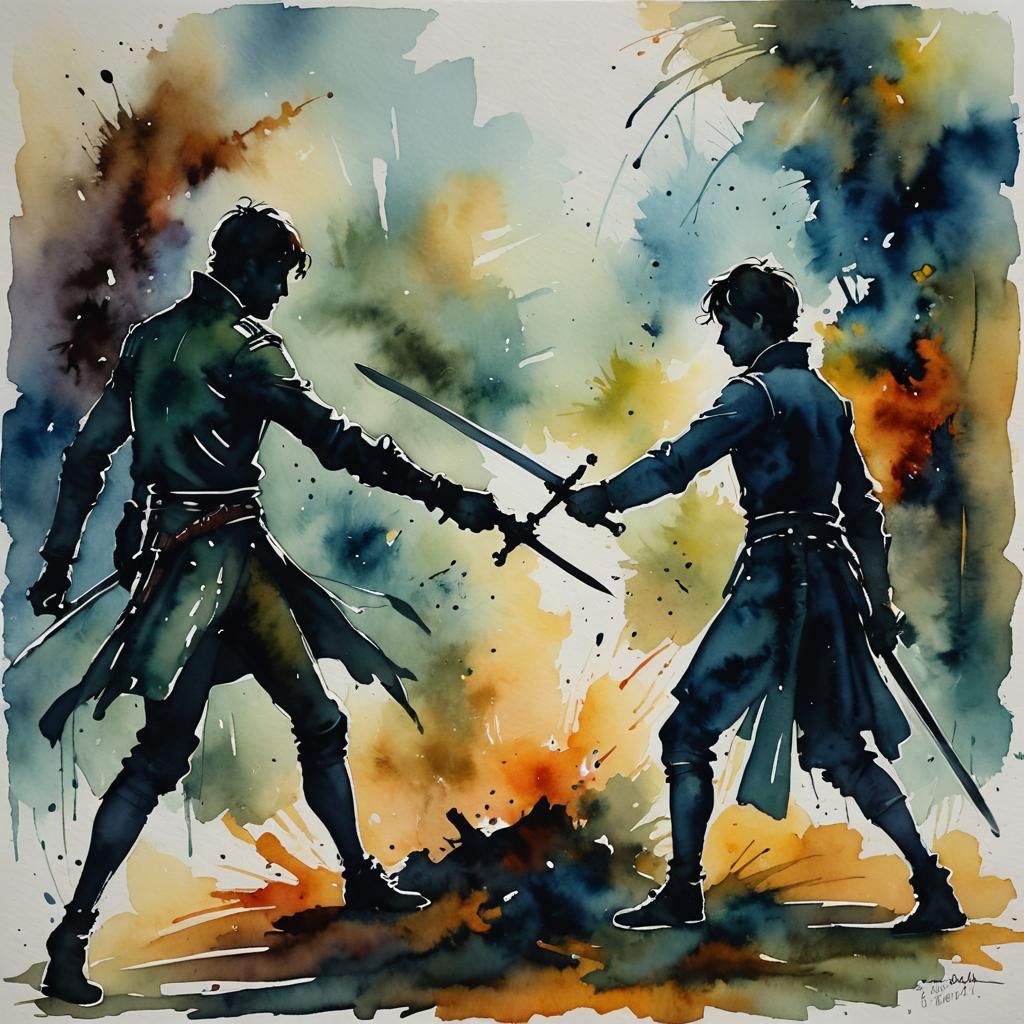Silhouetted Swordsmen Duel in Watercolor Style