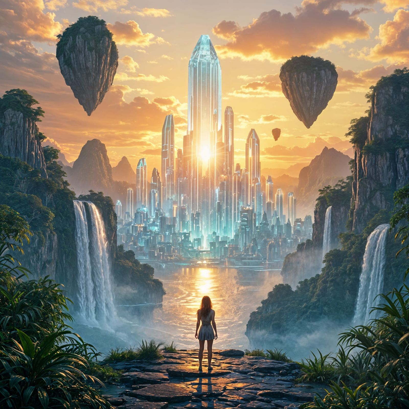 Surreal Landscape: Crystal City in Neon Jungle