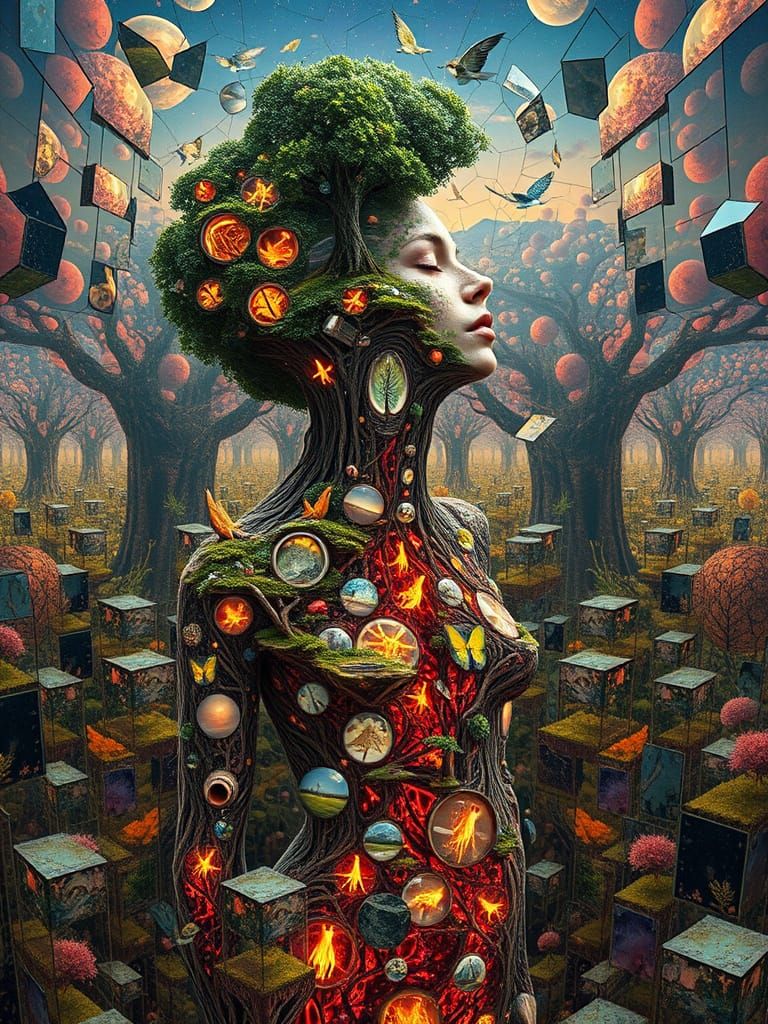 Dreamlike Bio-Art Woman in Vibrant Ecosystem Landscape