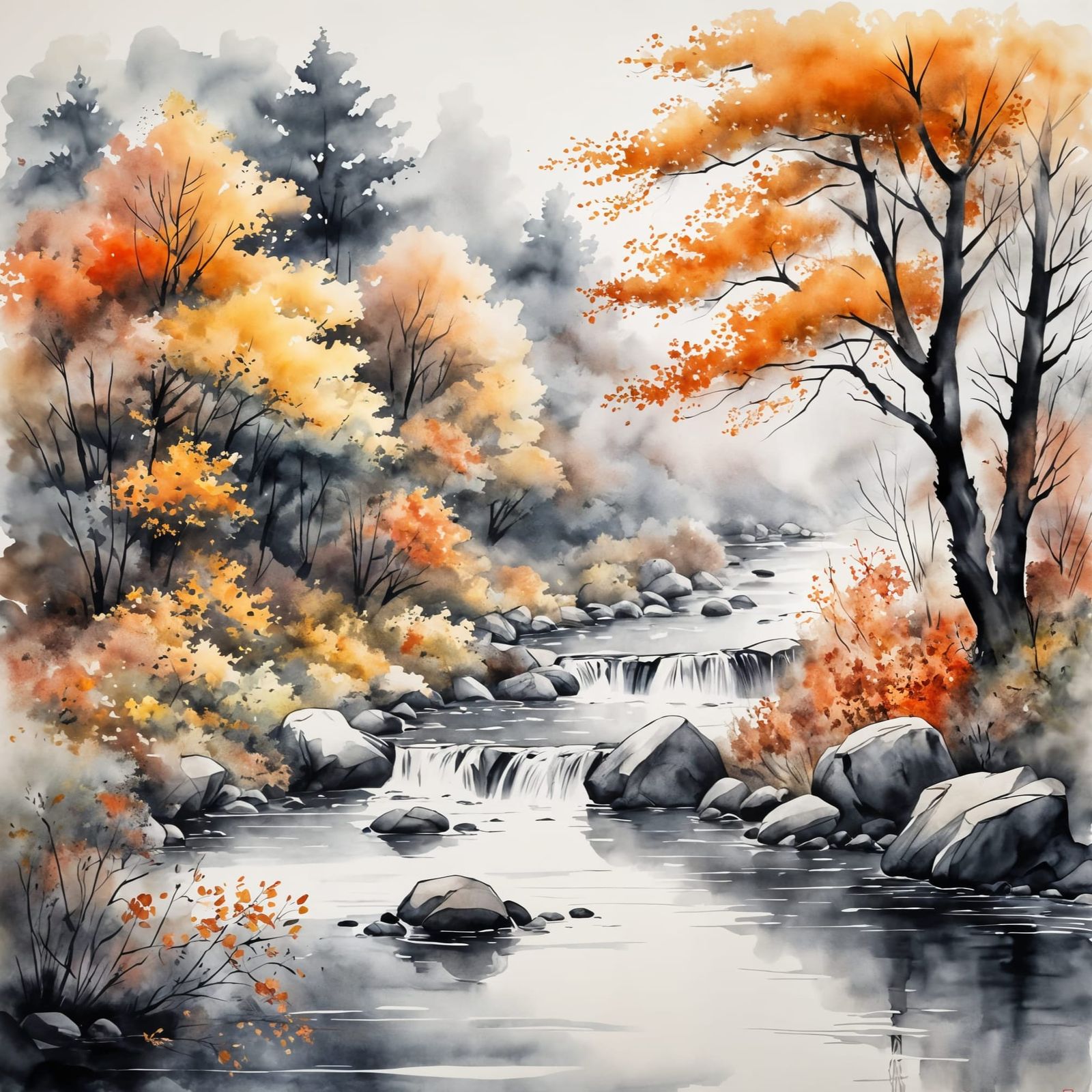 Misty Autumn Landscape in Watercolor Style