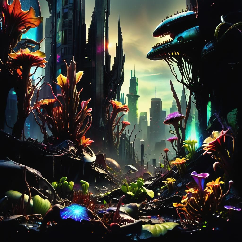 Apocalyptic Seattle Cityscape with Bioluminescent Flora