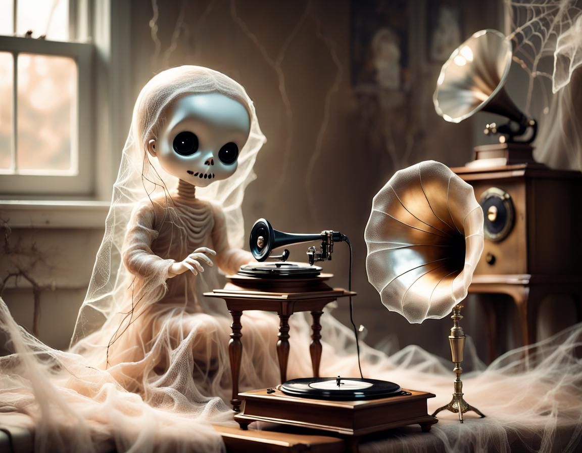 Eerie Ghost Doll Scene with Vintage Gramophone