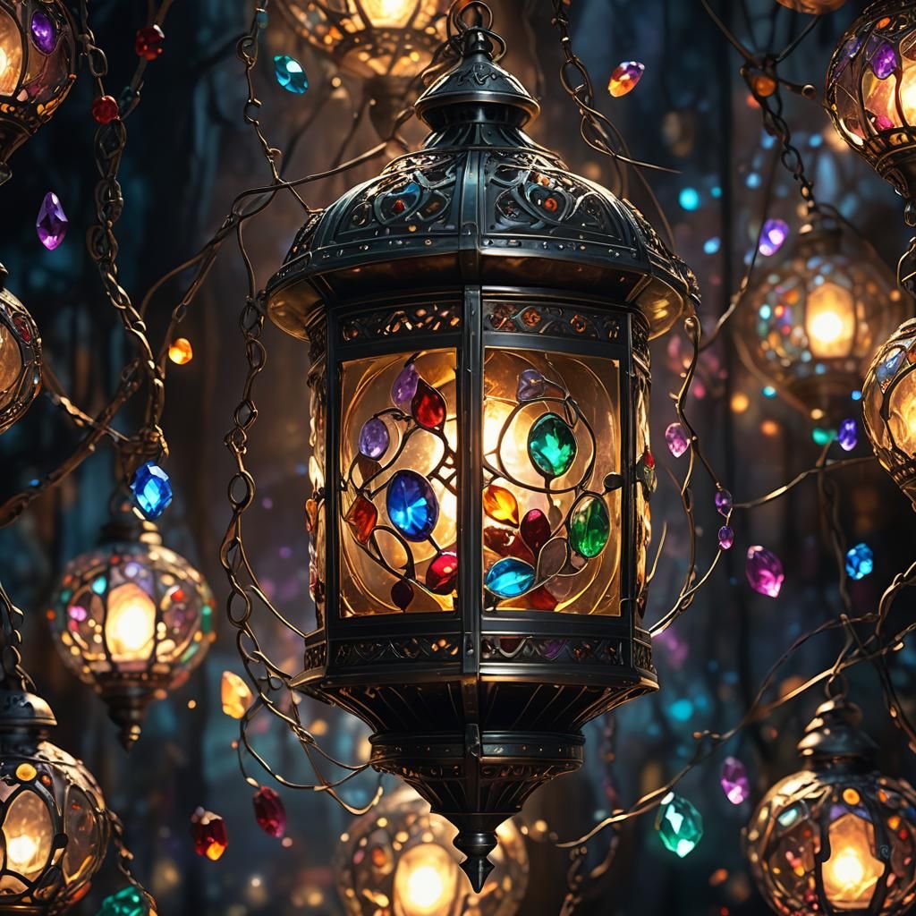 Glowing Lantern with Gemstones in Mystical Setting