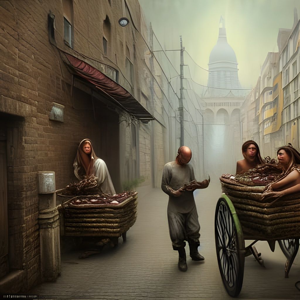 Surreal Street Scene with Pushcarts and Merchants