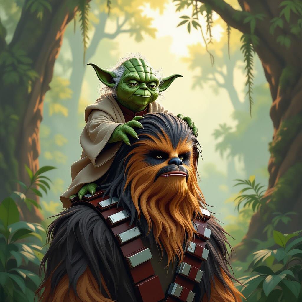 Yoda on Chewbacca's Shoulder in Forest Setting