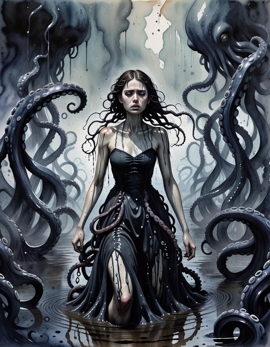 Woman vs. Eldritch Horror in Surreal Watercolor