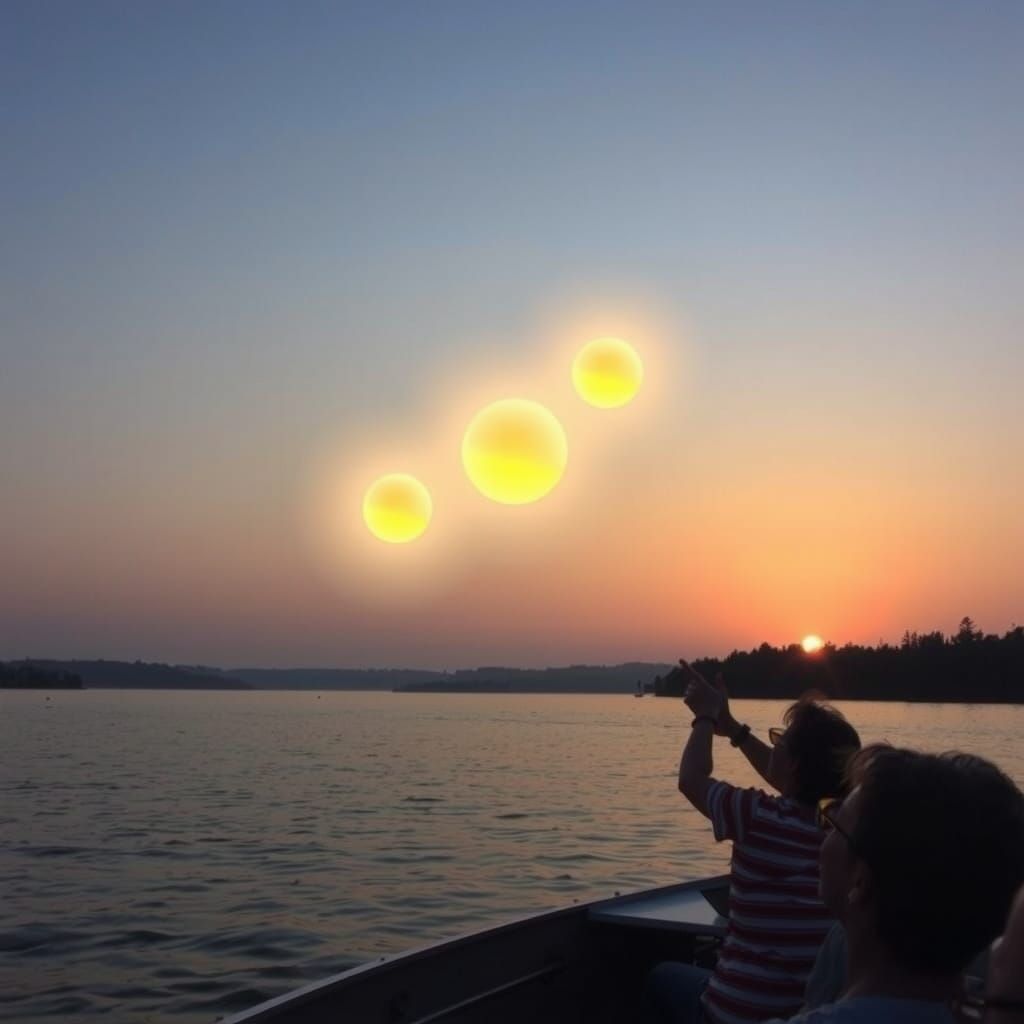 Golden Orbs Ethereal Display on Lake at Sunset