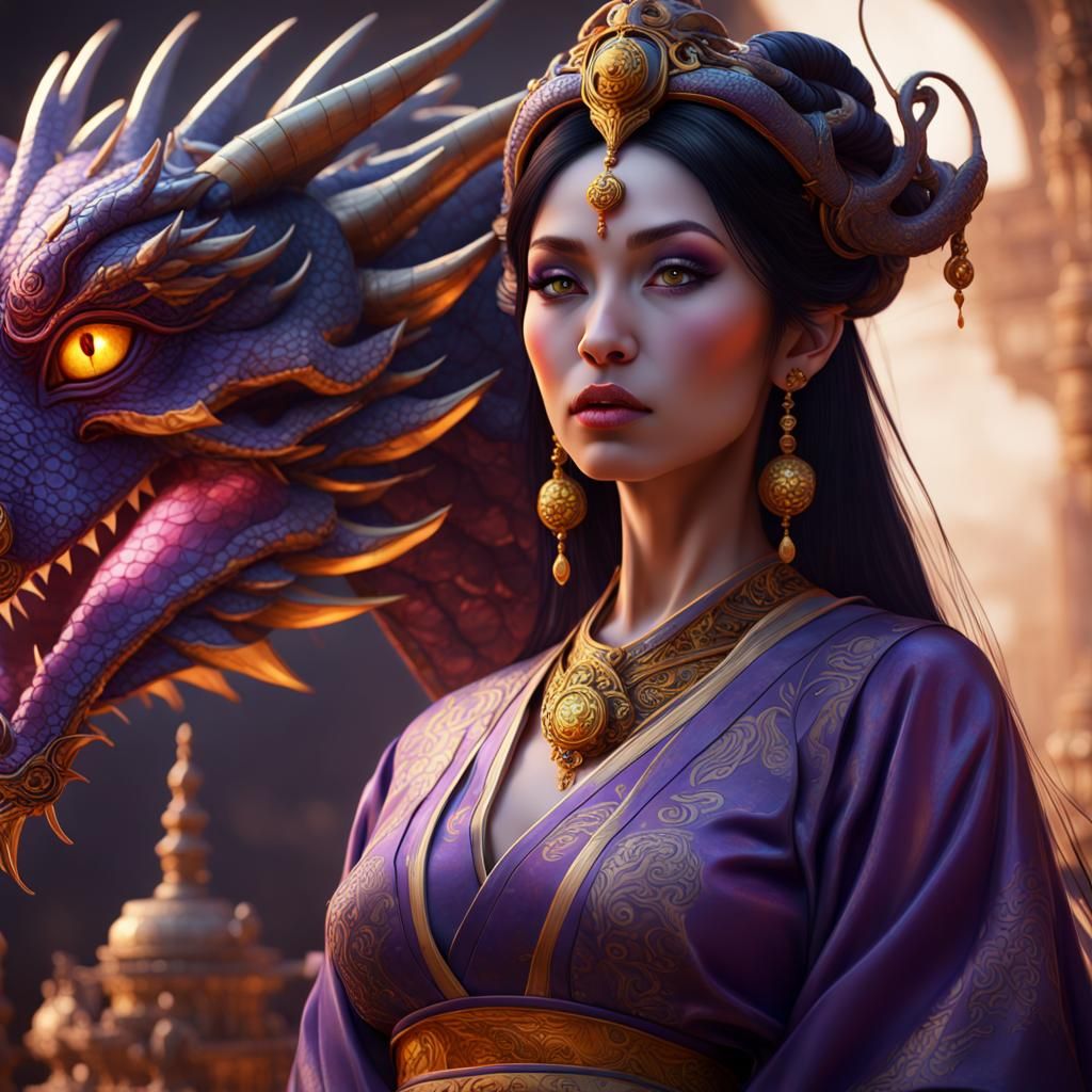 Oriental Empress with Dragon: Dark Fantasy Art