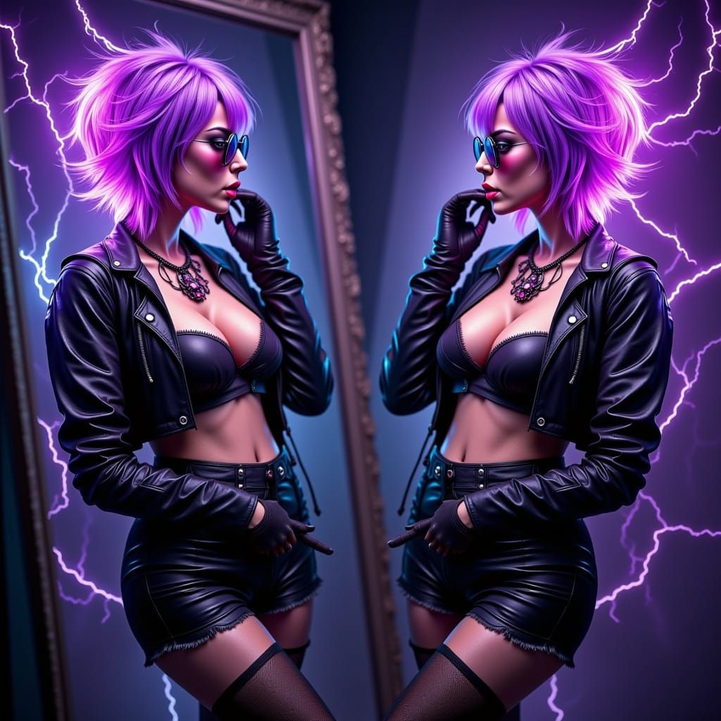 Punk Lady with Symmetrical Clones in Rainbow Aura