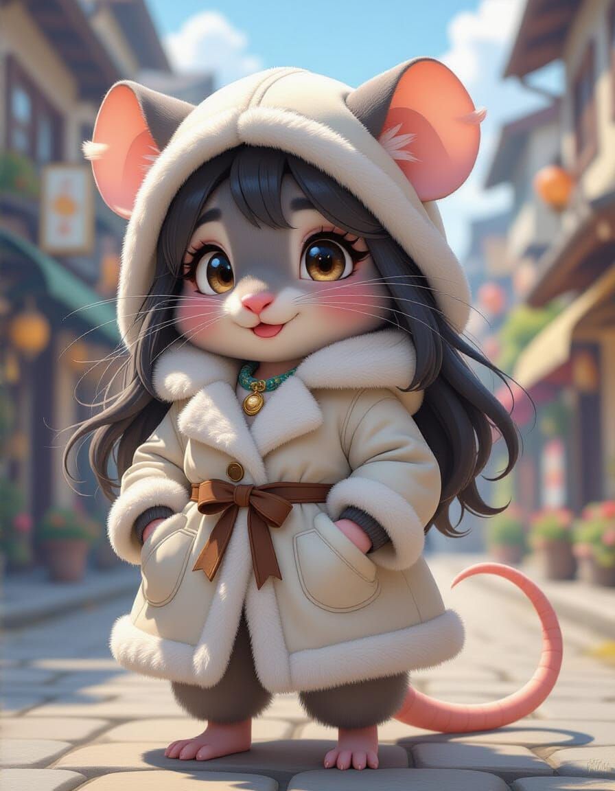 Cute Robotic Rat Pinup in Fur Coat, Cinematic Anime Art