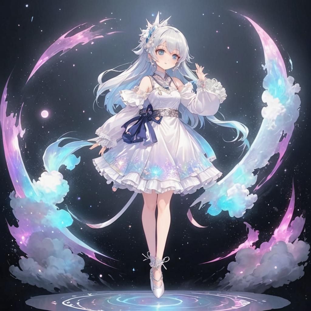 Holographic Y2K Girl on Ocean, Anime Art Style