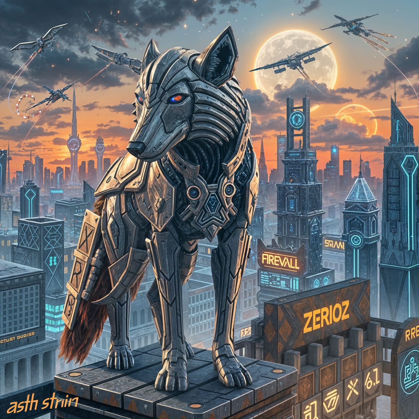 Cybernetic Wolf Sentinel Protecting Firewall Altar