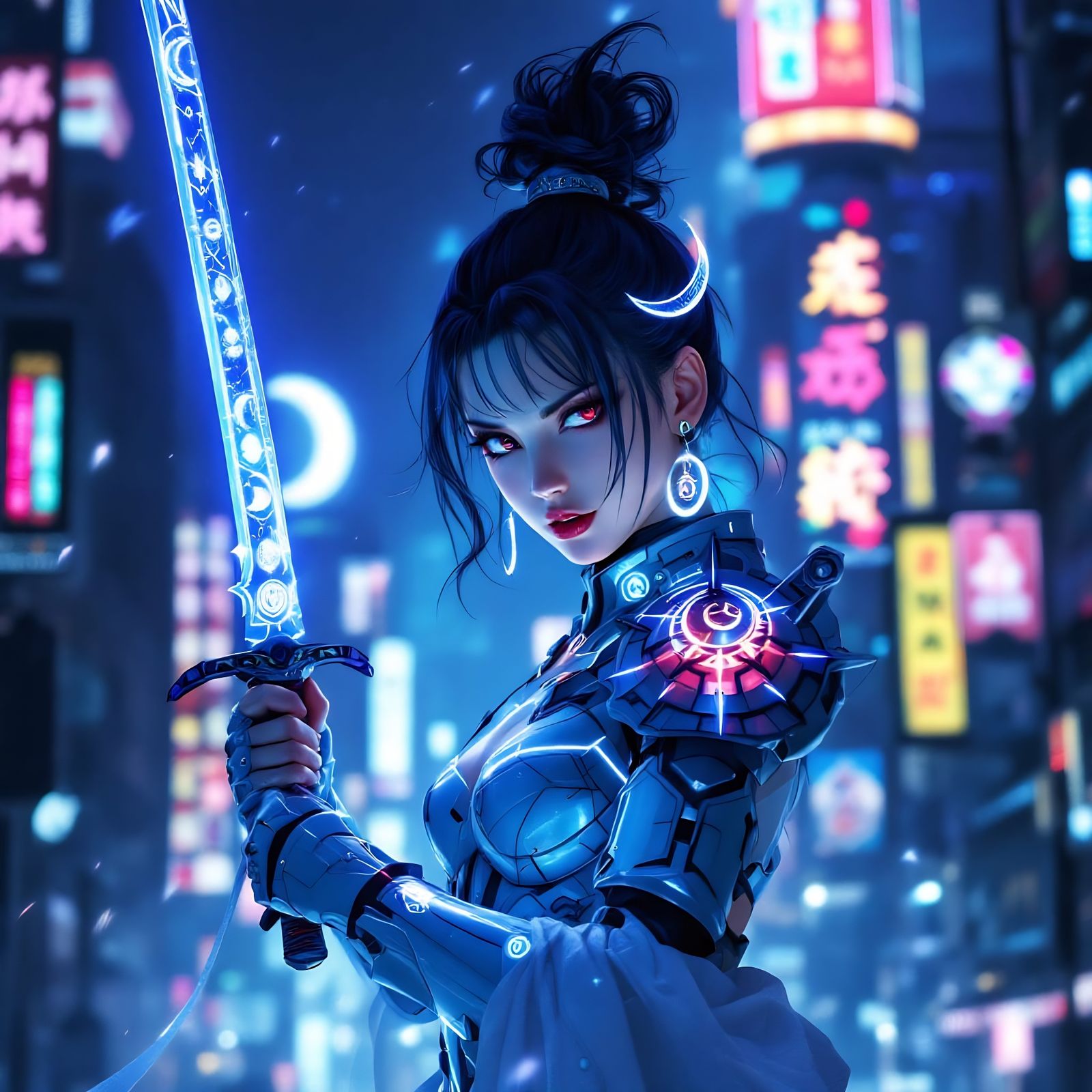 Lunar Punk Warrior with Katana in Neon City