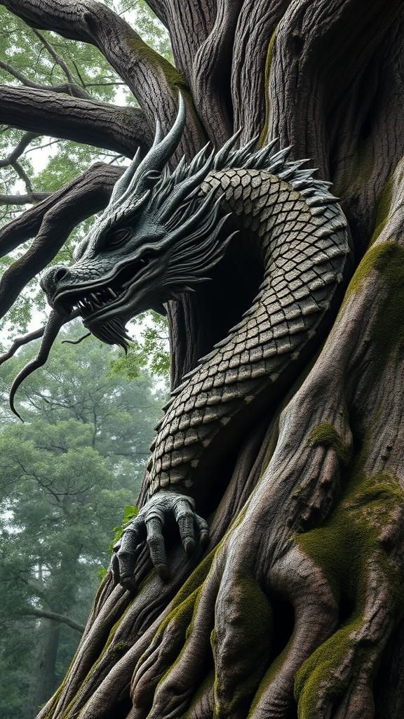 Hyperrealistic Dragon Carved from Living Tree