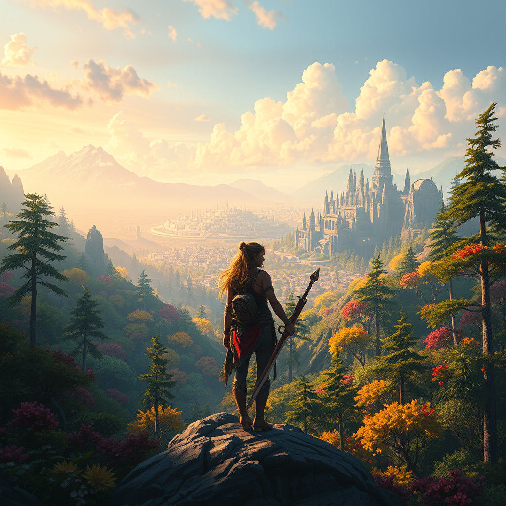 Mystical Warrior in a Vibrant Forest Cityscape