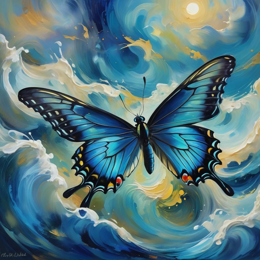 Royal Blue Butterfly Over Dreamlike Seascape, Impasto Style