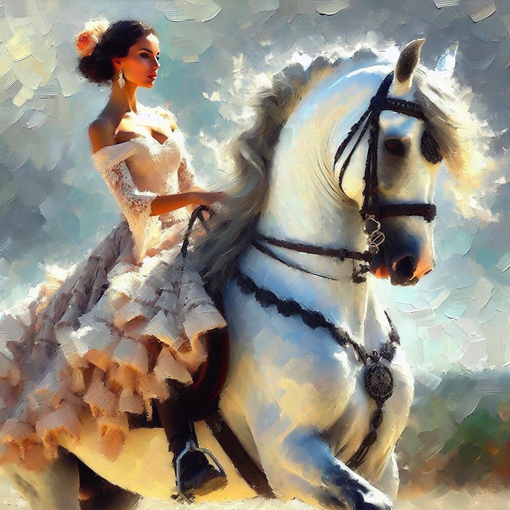 Hispanic Woman on White Andalusian Horse as Impressionist Pa...