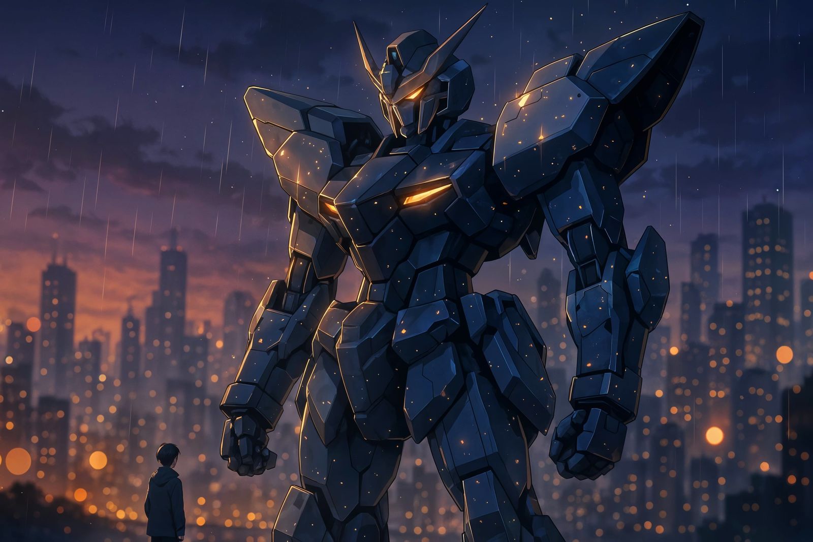 Mecha Sentinel Over Rain-Slicked Cityscape in Anime Style