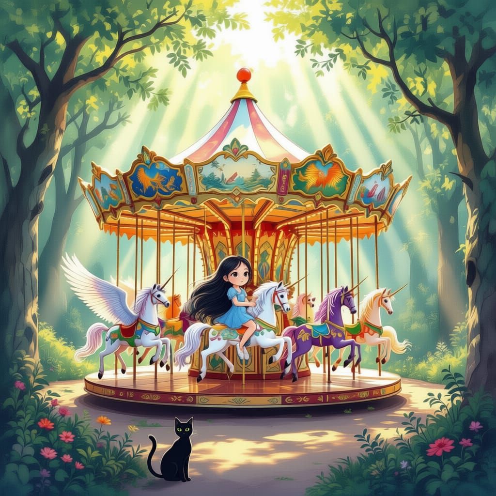 Magical Carousel with Mythical Creatures in Enchanted Forest