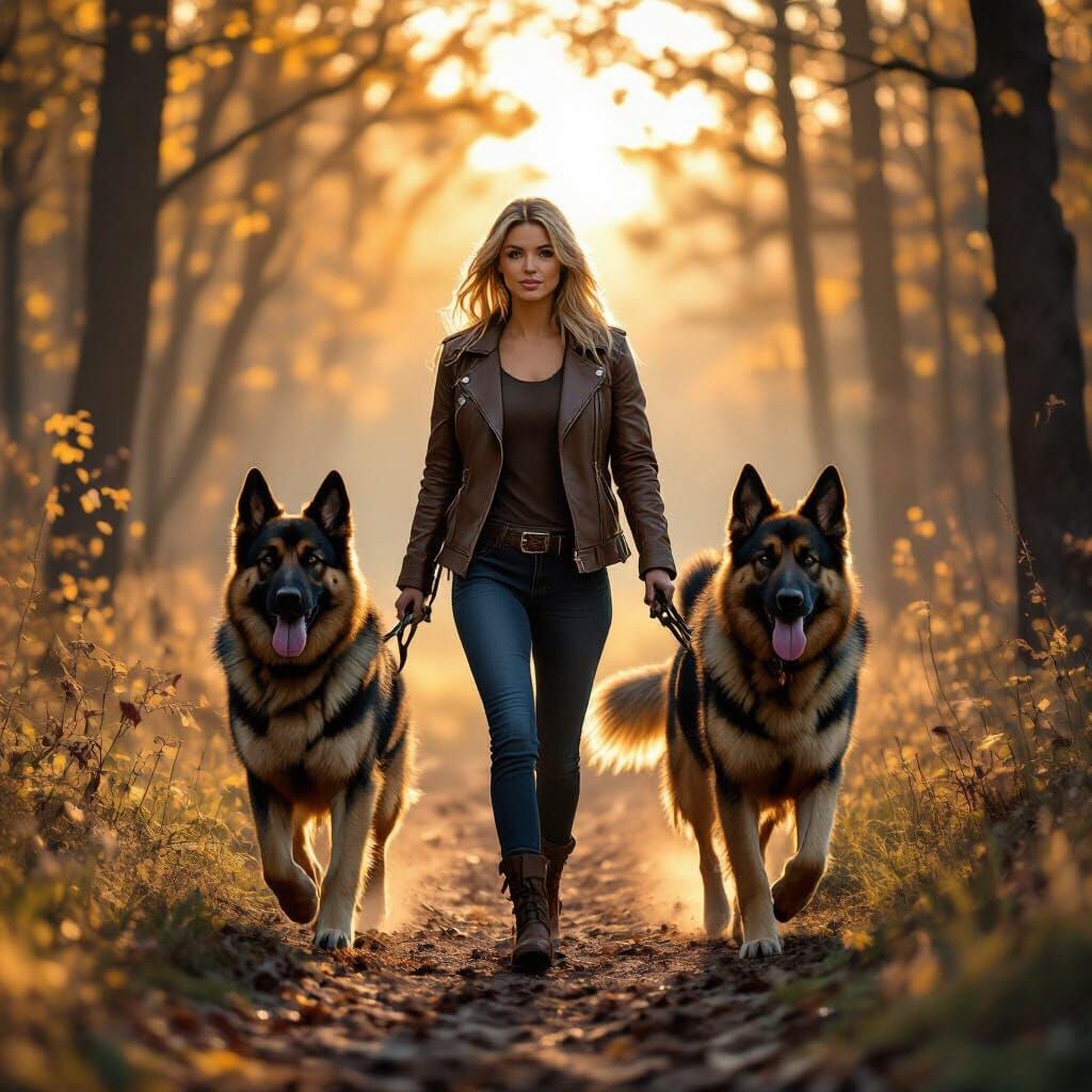 Woman and German Shepherds in Sunlit Forest