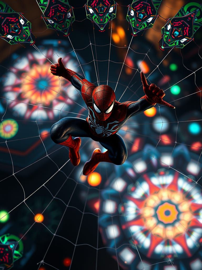 Spiderman on Kaleidoscope Web: Hyperrealistic Digital Art