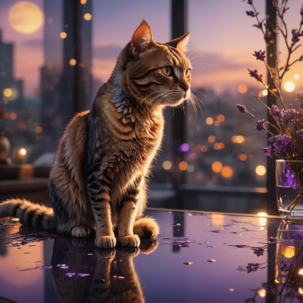 Cat on Glass in Golden Hour Lighting