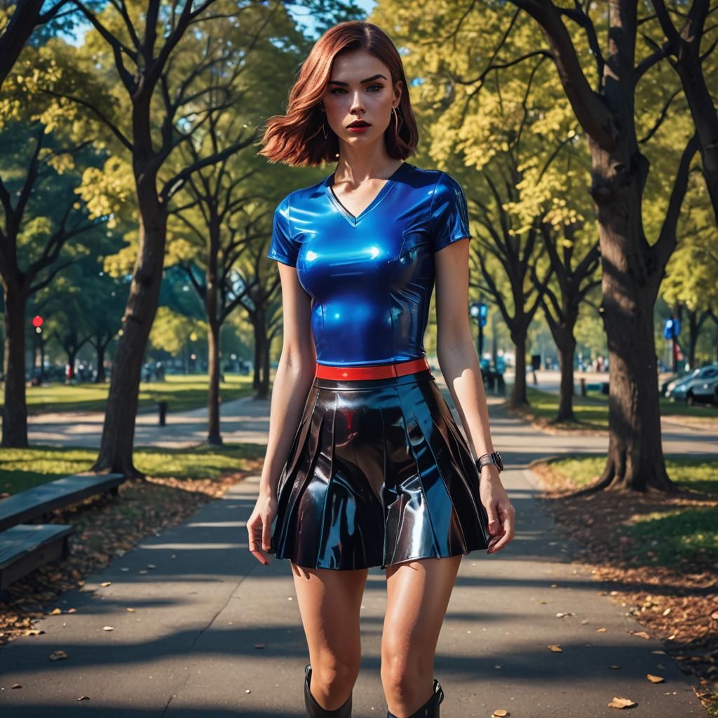 Woman in Latex Skirt Walking in Park: Digital Art