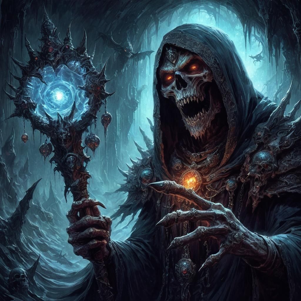 Hooded Lich King in Subterranean Lair, Frank Frazetta Style