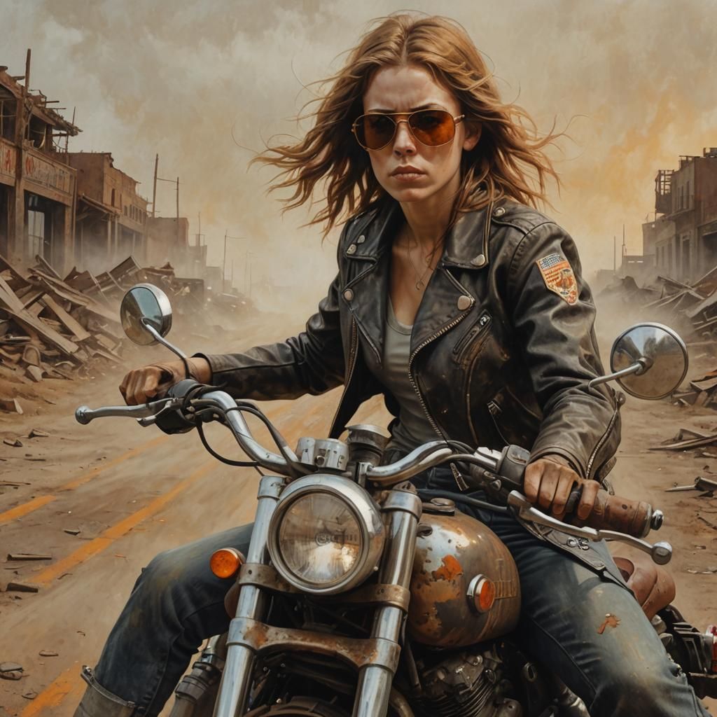 Dystopian Female Warrior on Motorbike in Hyperrealism