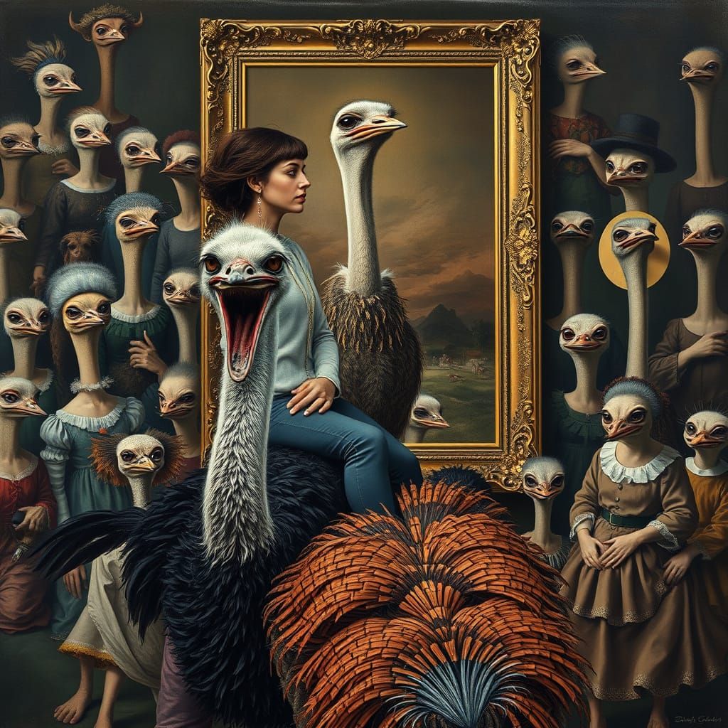 Woman Rides Ostrich Towards Surreal Dalí-Inspired Painting