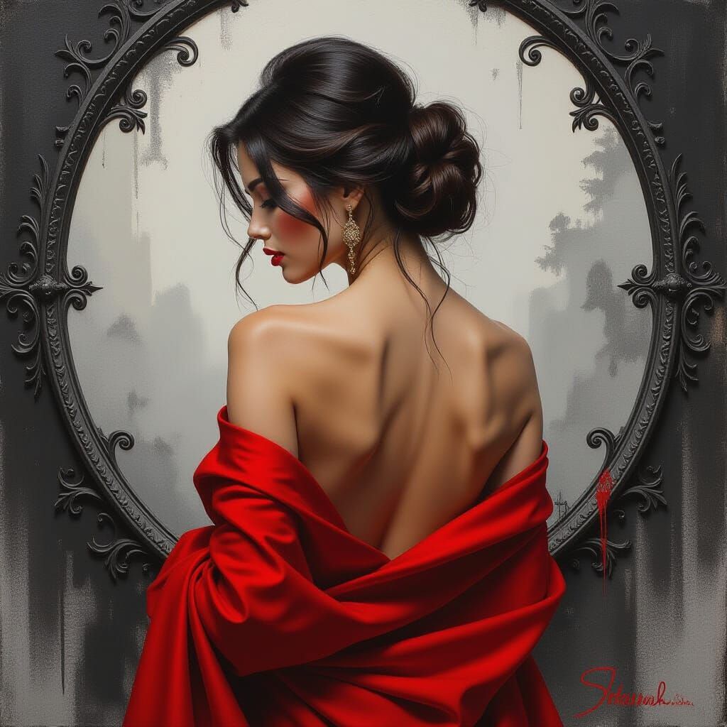 A captivating mixed-media portrait, primarily a charcoal dra...