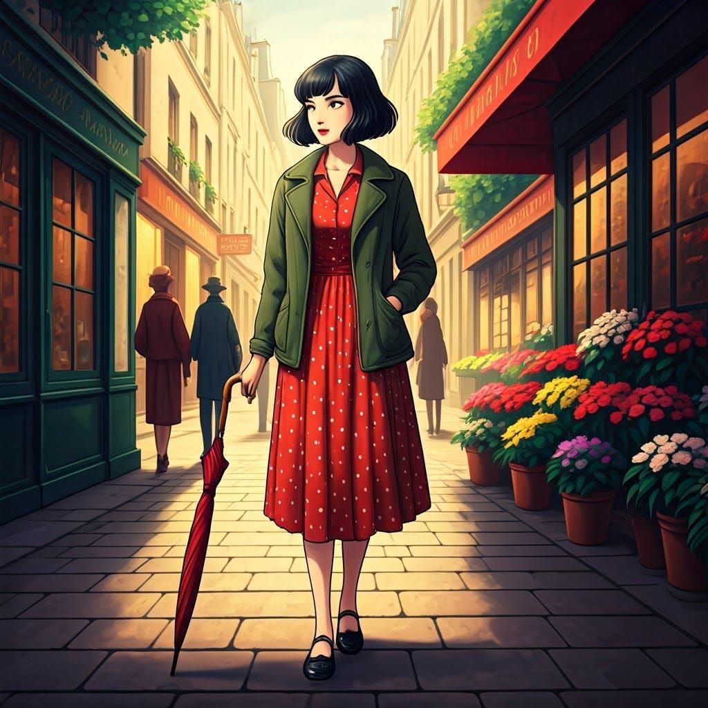 Anime Style Character Amelie in Paris Street Scene
