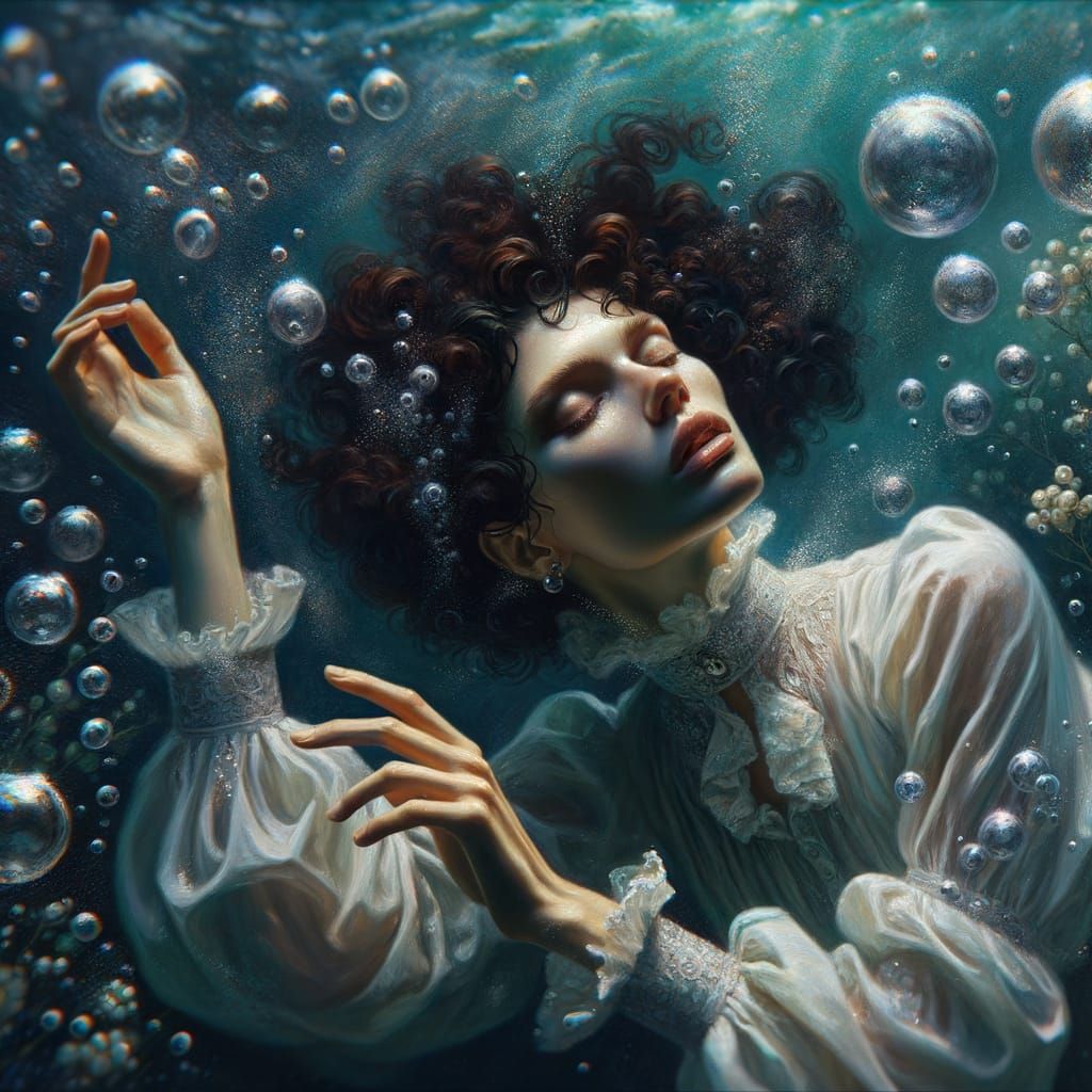 portrait of a woman under water, pale white skin and dark curly hair, dynamic pose, dreamy, bubbles, soap bubbles, pearl...
