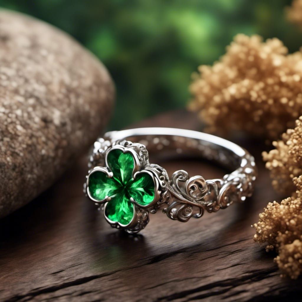 Green Glass Clover Ring on Wood Table