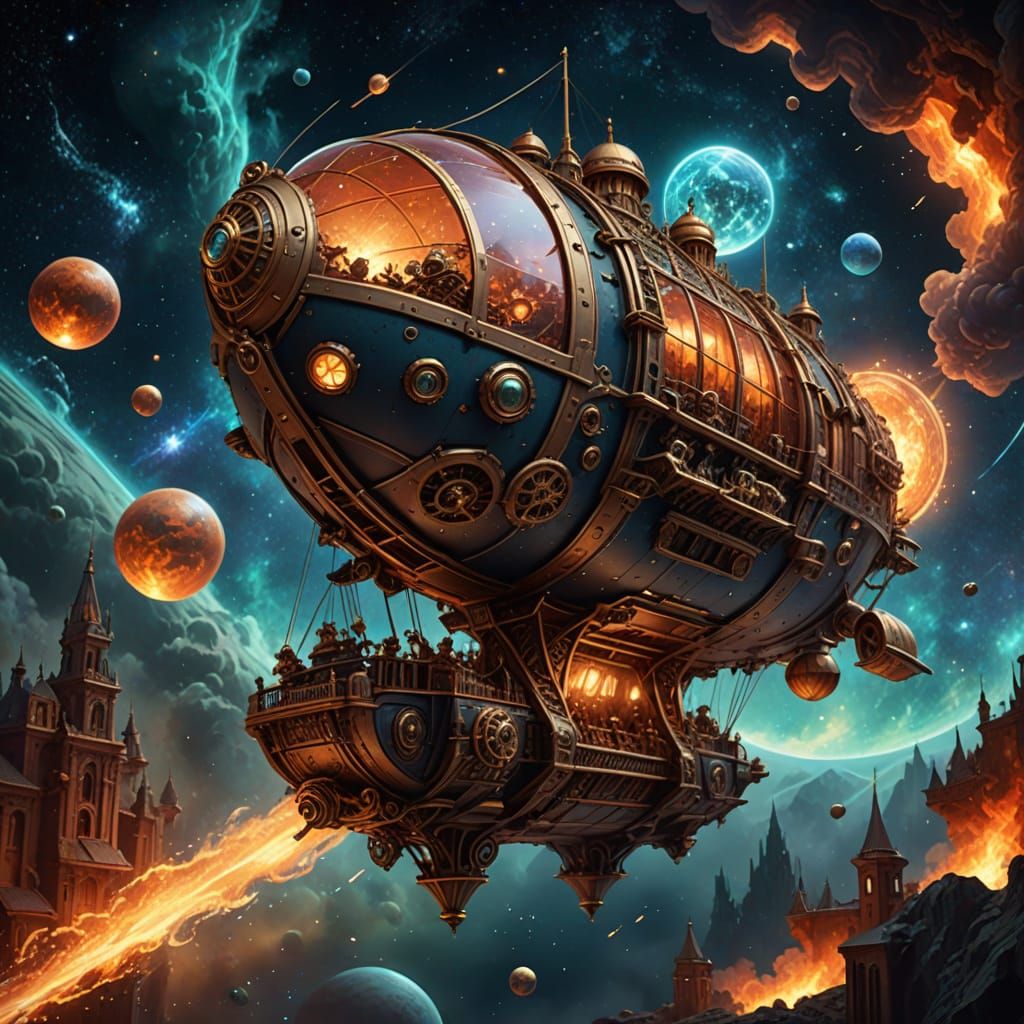 Steampunk Airship Soaring Through Clockwork Galaxy