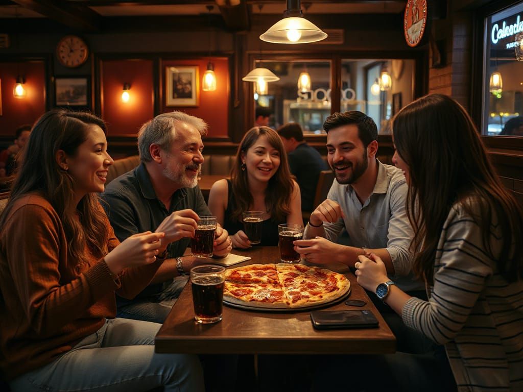 Friends Enjoying Pizza with Volumetric Lighting