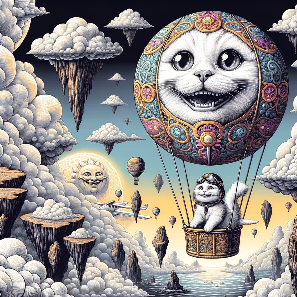 Whimsical Cat Pilot Soars in Hot Air Balloon Above Floating ...