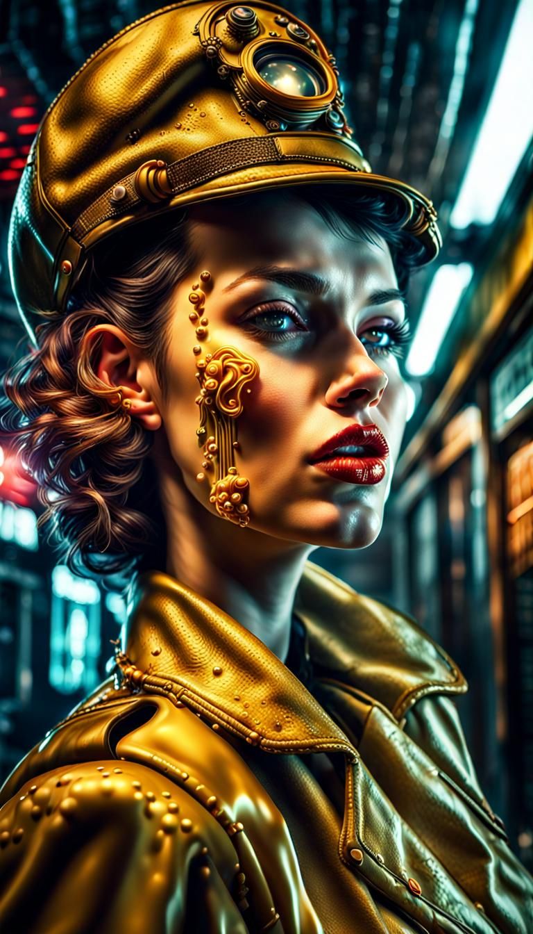 A 1940s cyberpunk glamour model covered in oozing honey licking her lips intricate details, HDR, beautifully shot, hype...