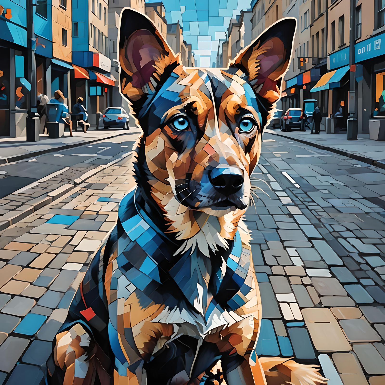 Cubist Dogs with Neon Eyes in Geometric Fauvism