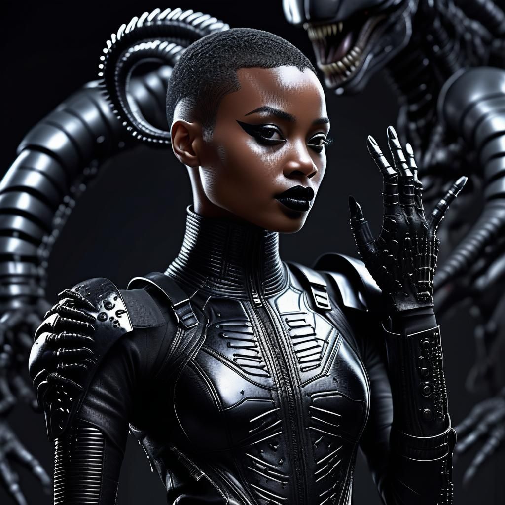Cyberpunk Woman in Biomechanical Xenomorph Jumpsuit