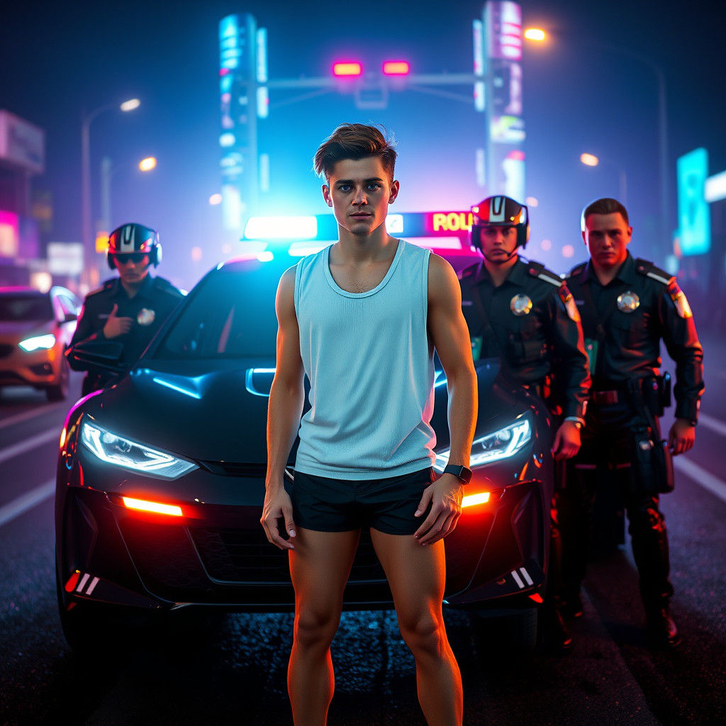 Youthful Man Frozen by Police in Vivid, High-Tech Scene