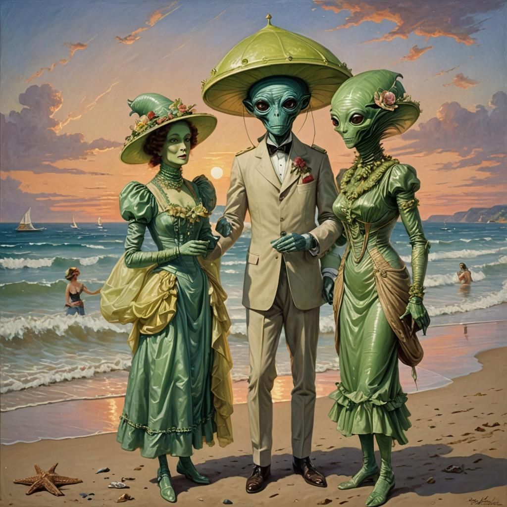 Romantic Edwardian Alien Beach Scene in Traditional Style