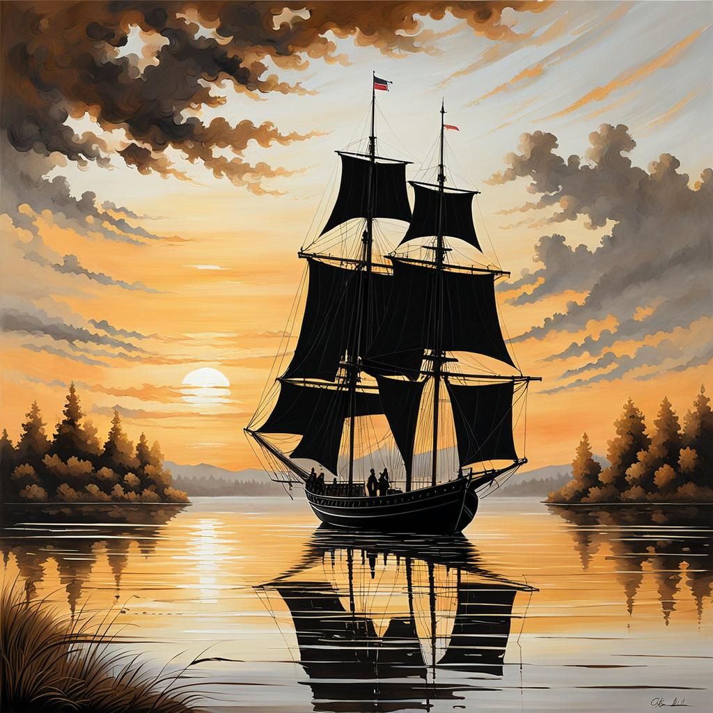 Baroque Sailing Boat at Sunset in Silhouette
