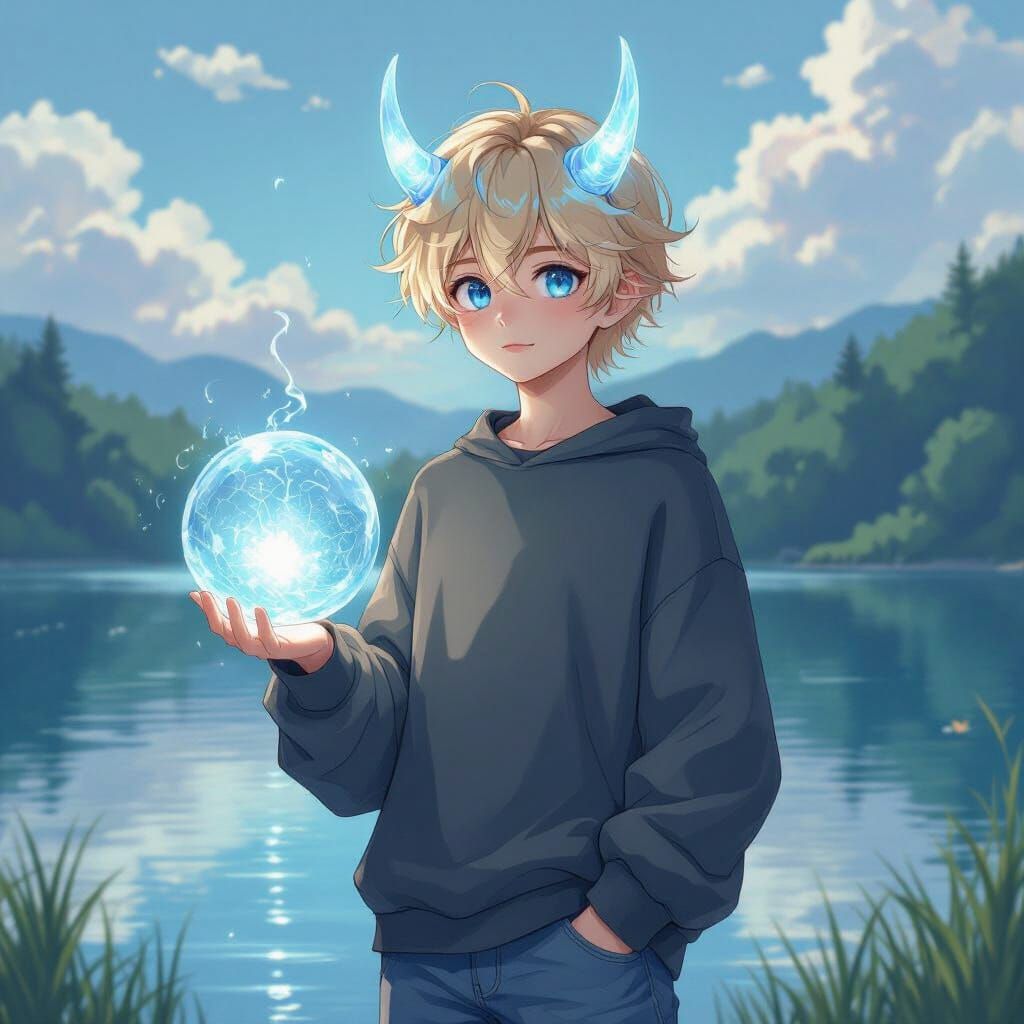 Teenage Water Dragon with Orb in Shinkai Style